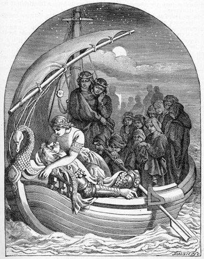 تم نقل الملك المحتضر آرثر إلى أفالون على متن سفينة سحرية مع ثلاث ملكات ، 1901 بواسطة Dalziel إخوان